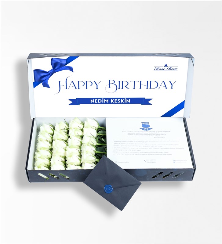 Happy Birthday Kişiye Özel İsimli Kutuda Beyaz Güller