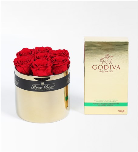 Çiçek Alın Gold Camda Kırmızı Solmayan Güller X Godiva Çıdır Kadayıflı, Dolgulu Antep Fıstıklı Çikolata Hediye Seti